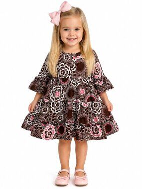 Maggie & Zoe Dress Size 12M Boho Floral Brown Pink Ruffles Toddler Dress